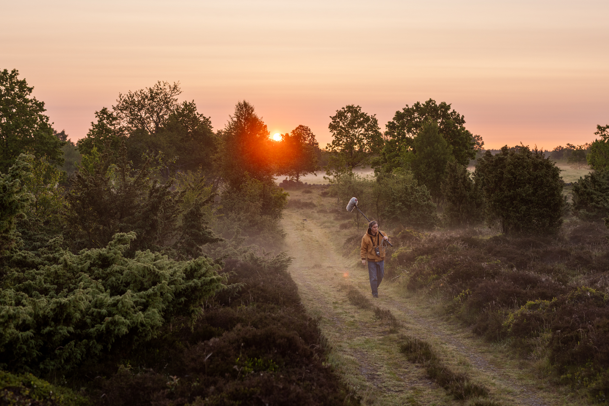 A man walking down a  road next to a forest.