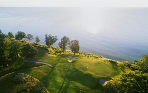 View of golf club and coastline