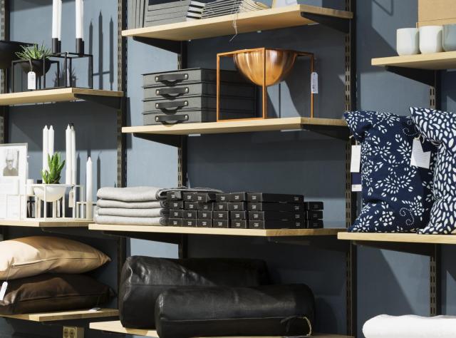 Shelves with design products in the Swedish interior design store Norrgavel in central Malmö