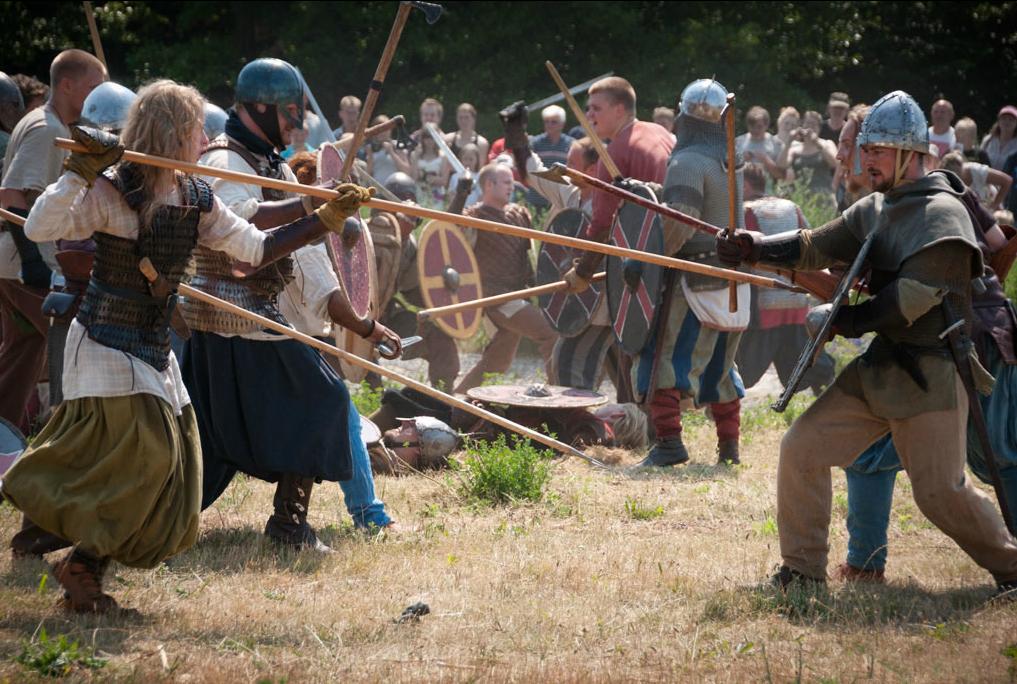 Vikings in a reconstructed Viking battle at Trelleborgen