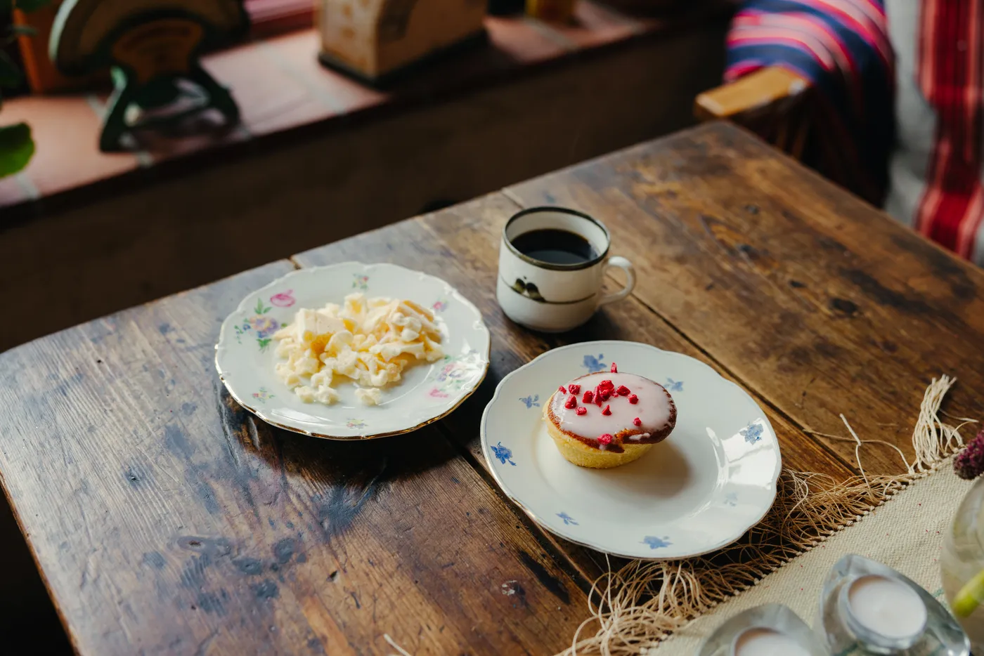coffee and cakes on an old wooden table