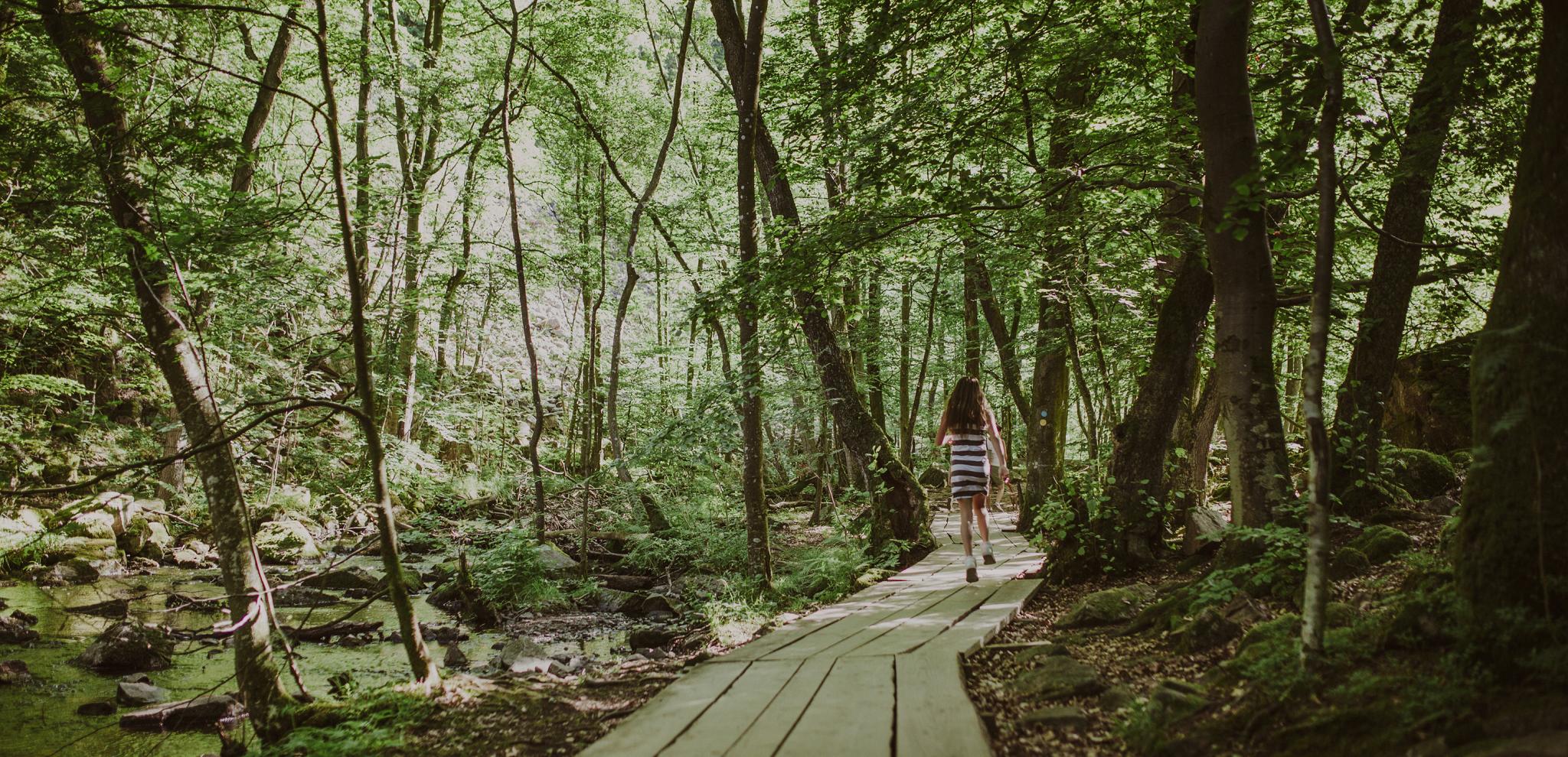 Girl walking on a wooden path in nature reserve