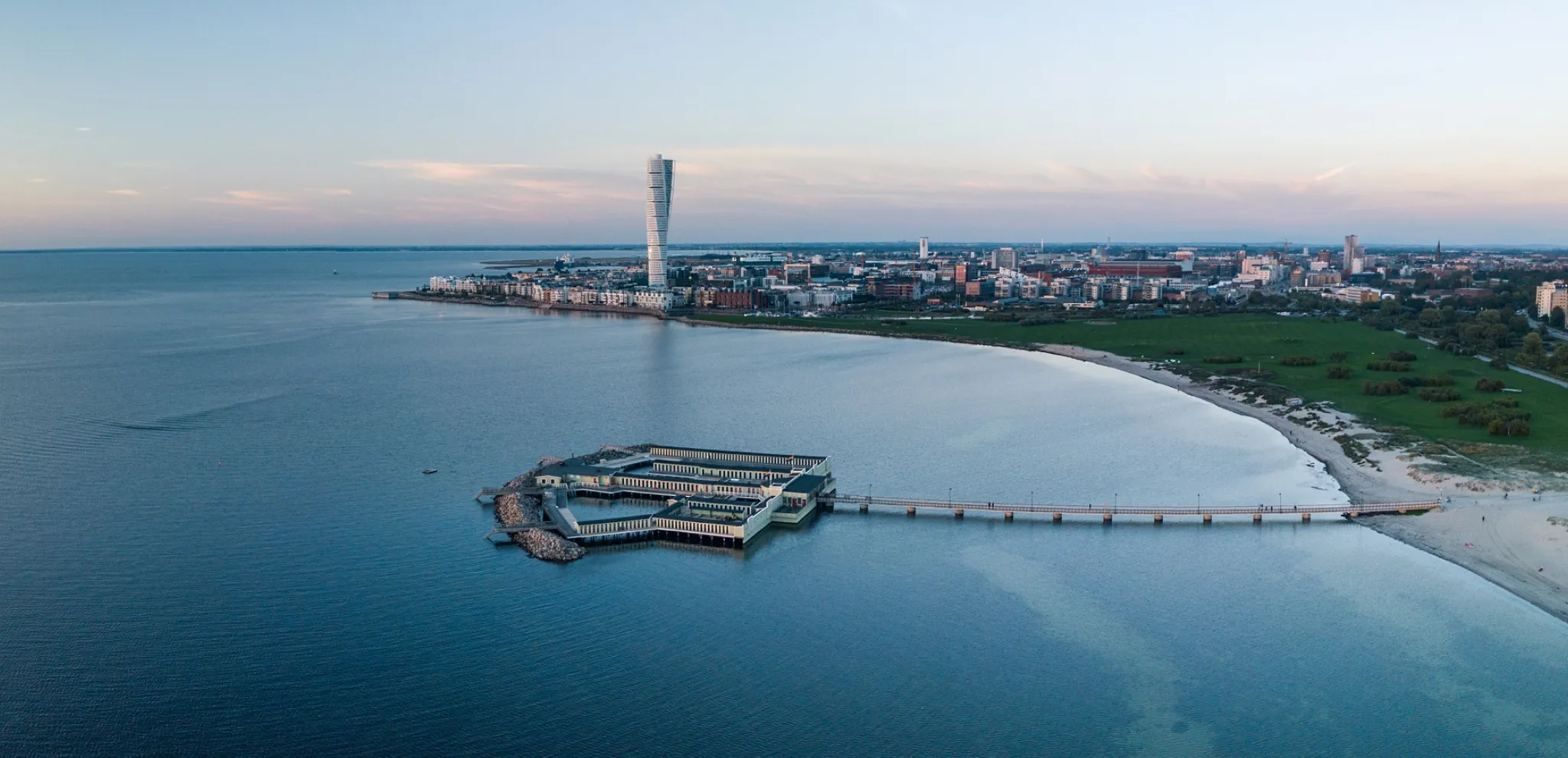 Aerial photo of Turning torso, western harbor and the cold bath house in Malmö