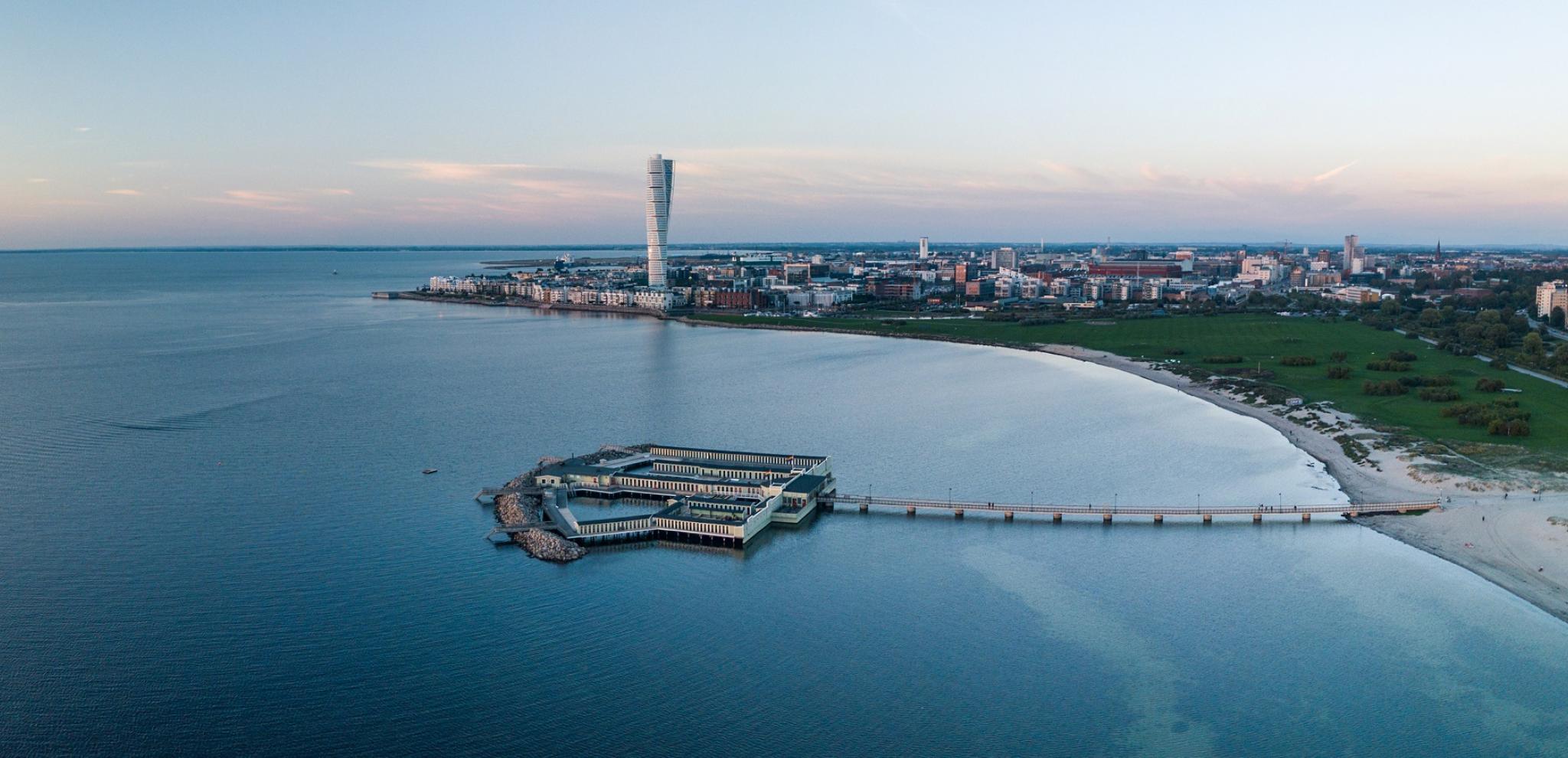 Aerial photo of Turning torso, western harbor and the cold bath house in Malmö