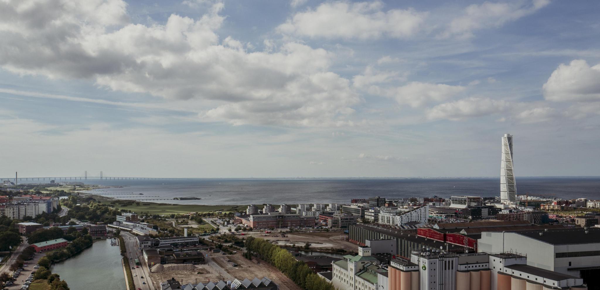 Aerial view of Malmö with Turning torso and the Öresund bridge 