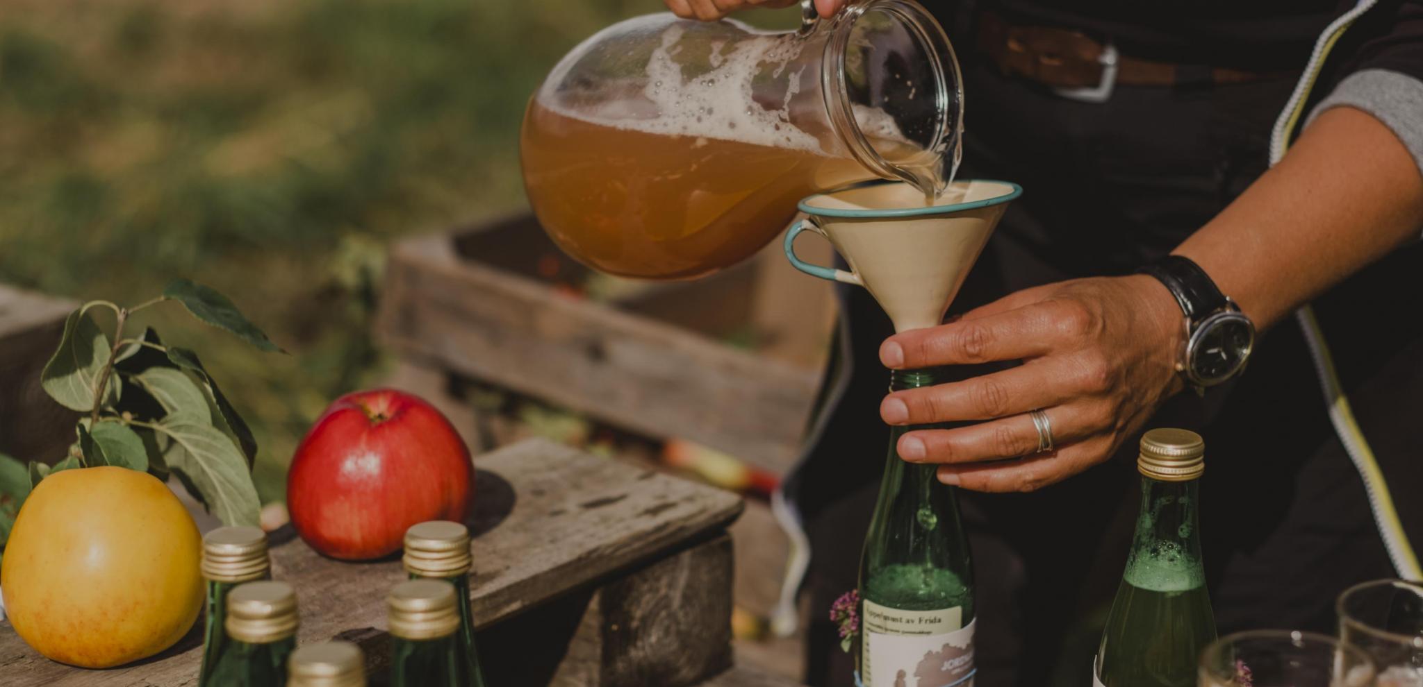 A person pouring apple juice through a funnel to a glass bottle