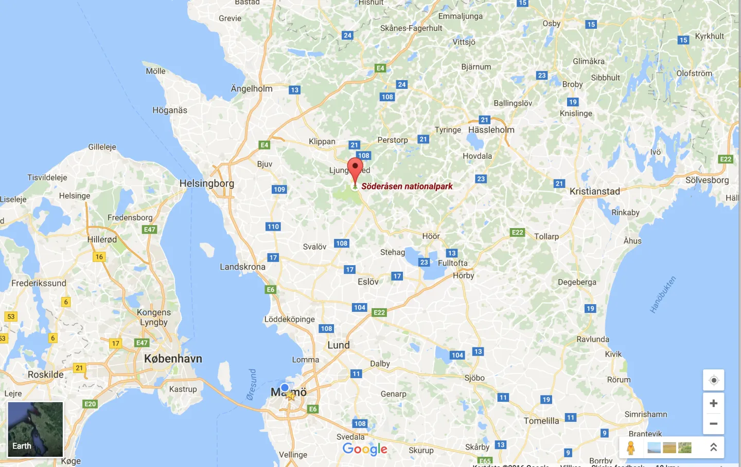 Map of Skåne with a pinpoint marking söderåsen national park