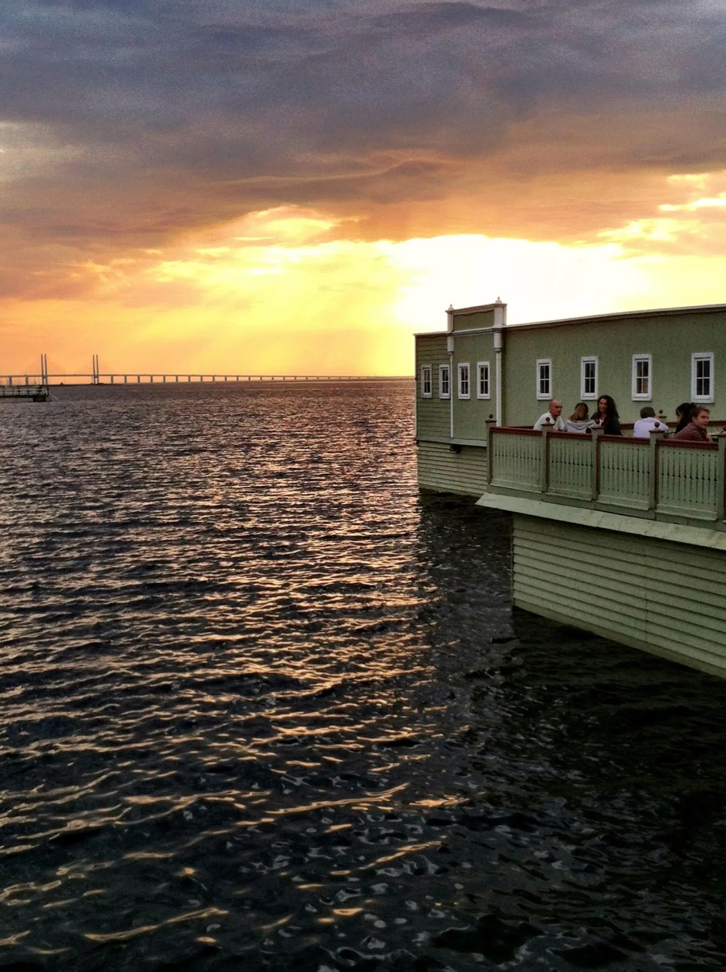 View of the sundown behind The Öresund Bridge and Ribersborg's cold bath house