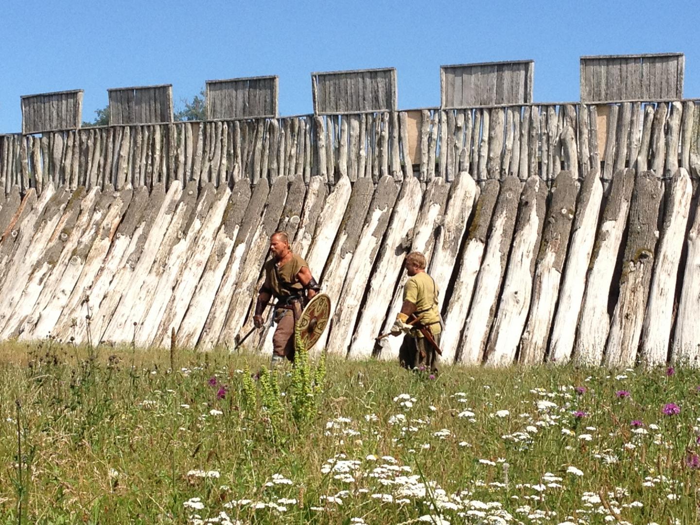 Vikings with shields and axes outside the wooden fortress in Trelleborg