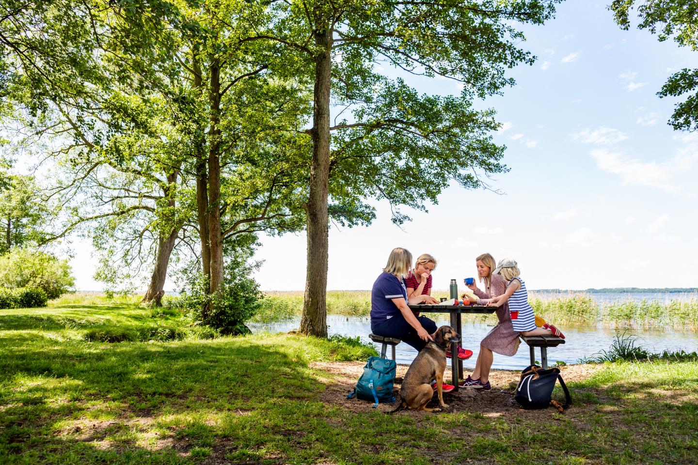 Three women and a child look at a map next to a lake