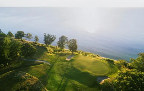 View of golf club and coastline