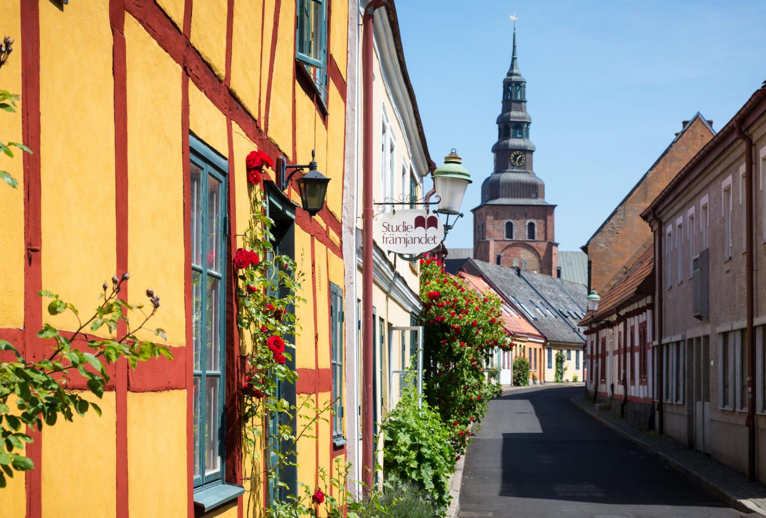 Bunte Fachwerkhäuser im historischen Stadtkern von Ystad.