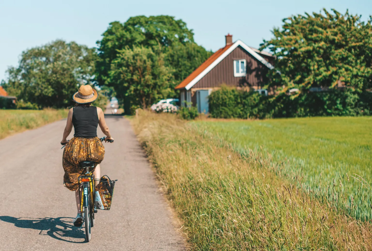 Kvinna som cyklar på en landsväg i Ven en vacker sommardag