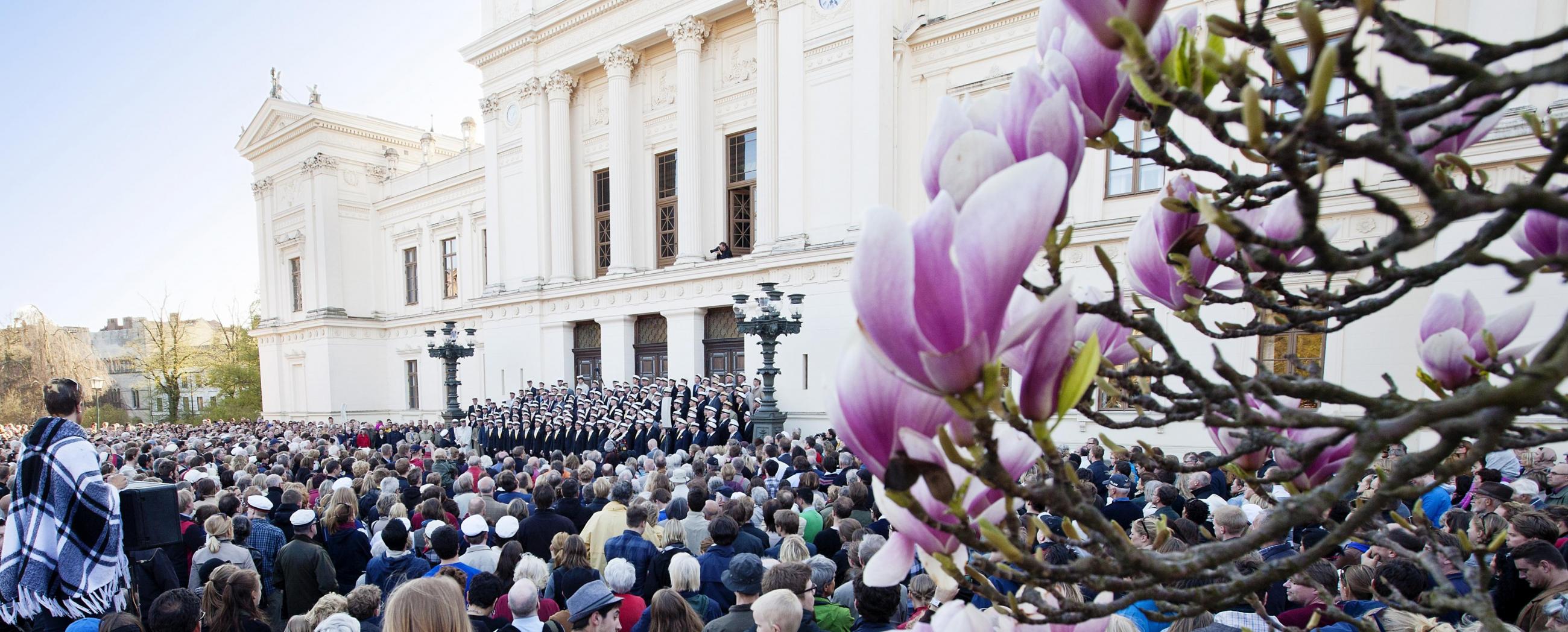 Lund student choir singing a traditional May the first concert on the steps to the University