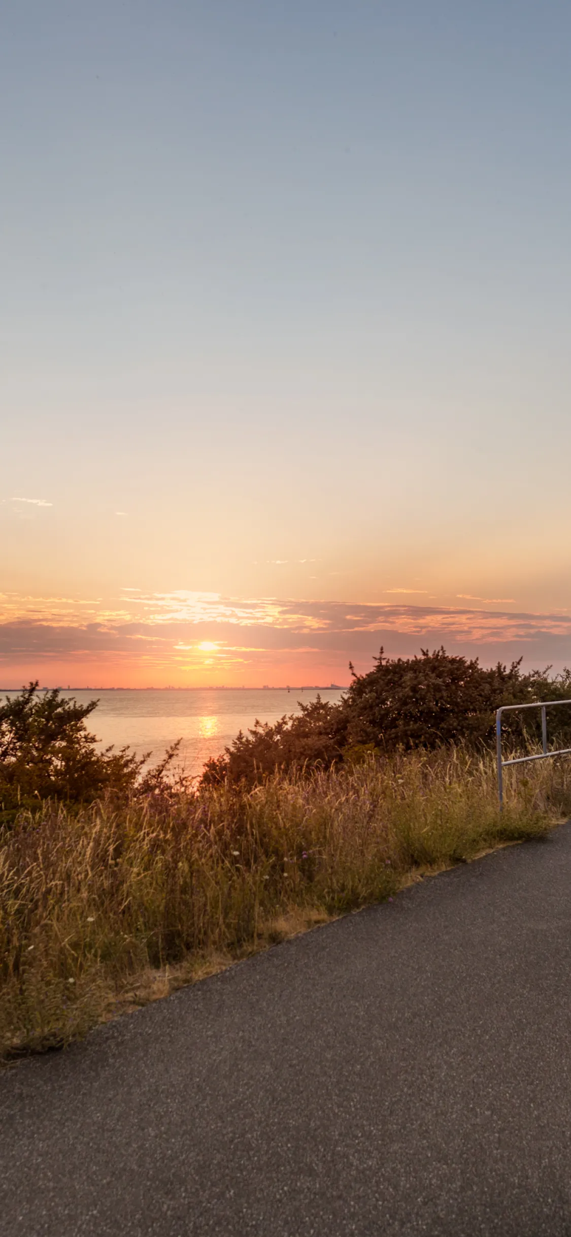 A sunset over Öresund with two people biking