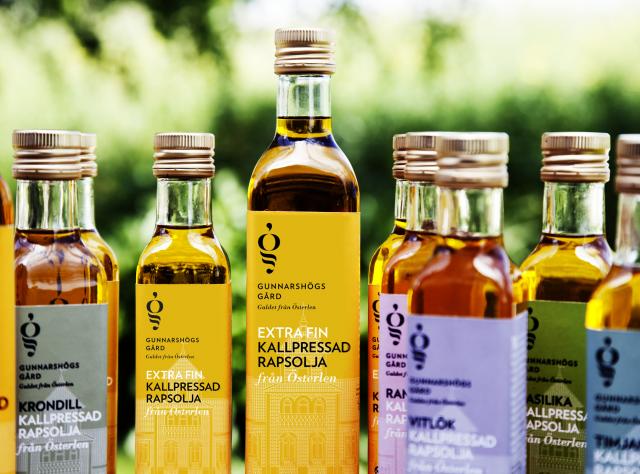 An asortment of bottles of rapeseed oils from Gunnarshög farm shop