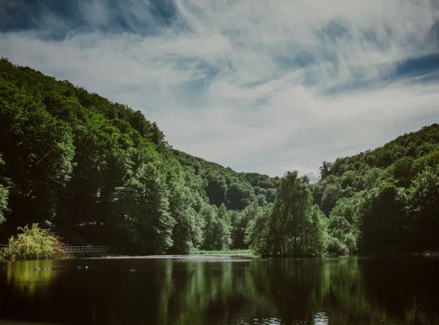 Ein See, umgeben von einer dramatischen Landschaft im Nationalpark Söderåsen in Skåne.
