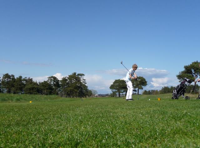 Ground view of golfer swinging bat on a summers day