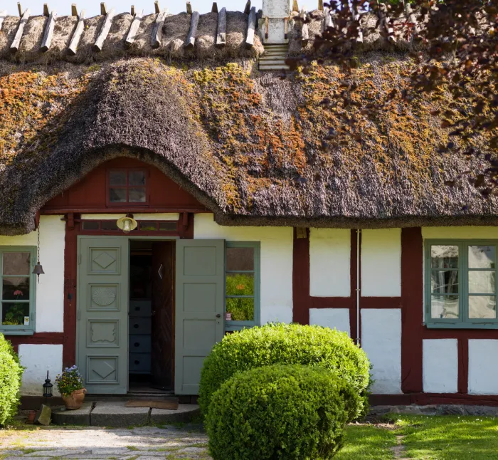 Entrance of an ancient farmhouse with traditional thatched roof, showing historical rural architecture