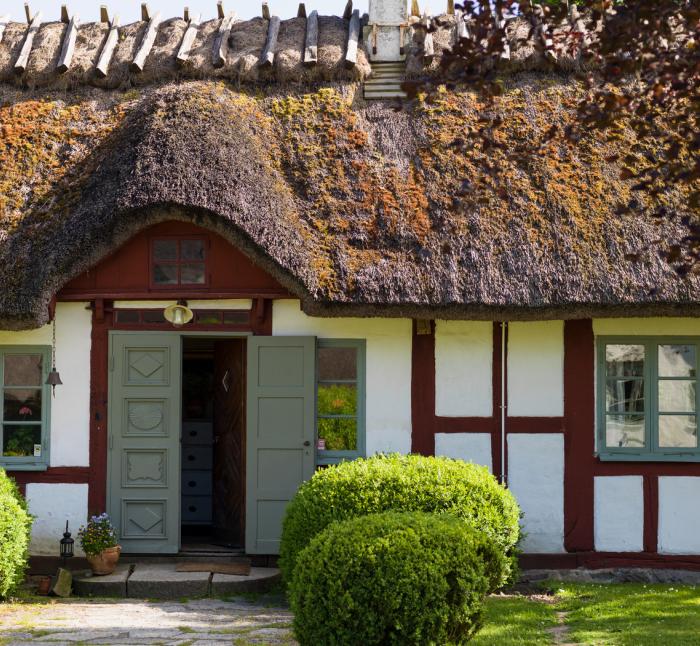 Entrance of an ancient farmhouse with traditional thatched roof, showing historical rural architecture