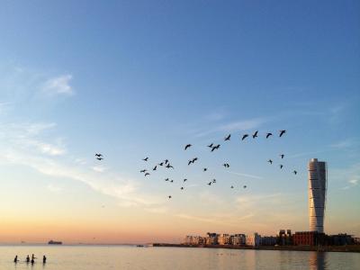 View of Turning Torso from Ribersborg beach at sunset