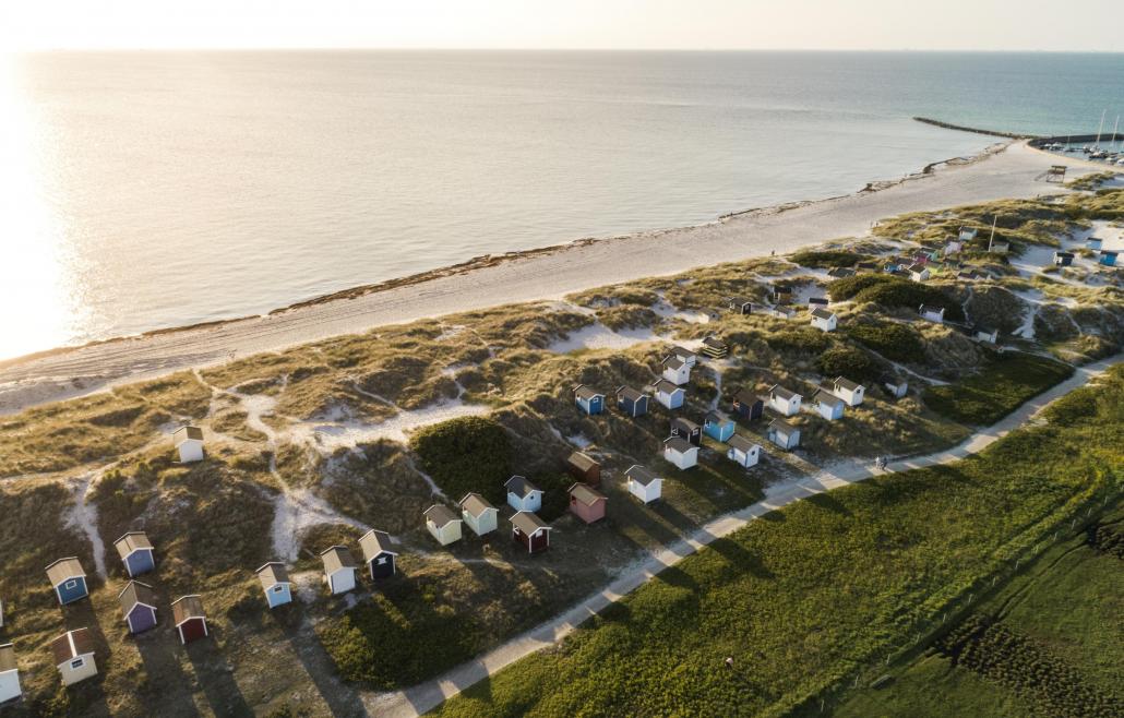 View of beach cabins from above at Skanör beach early in the morning